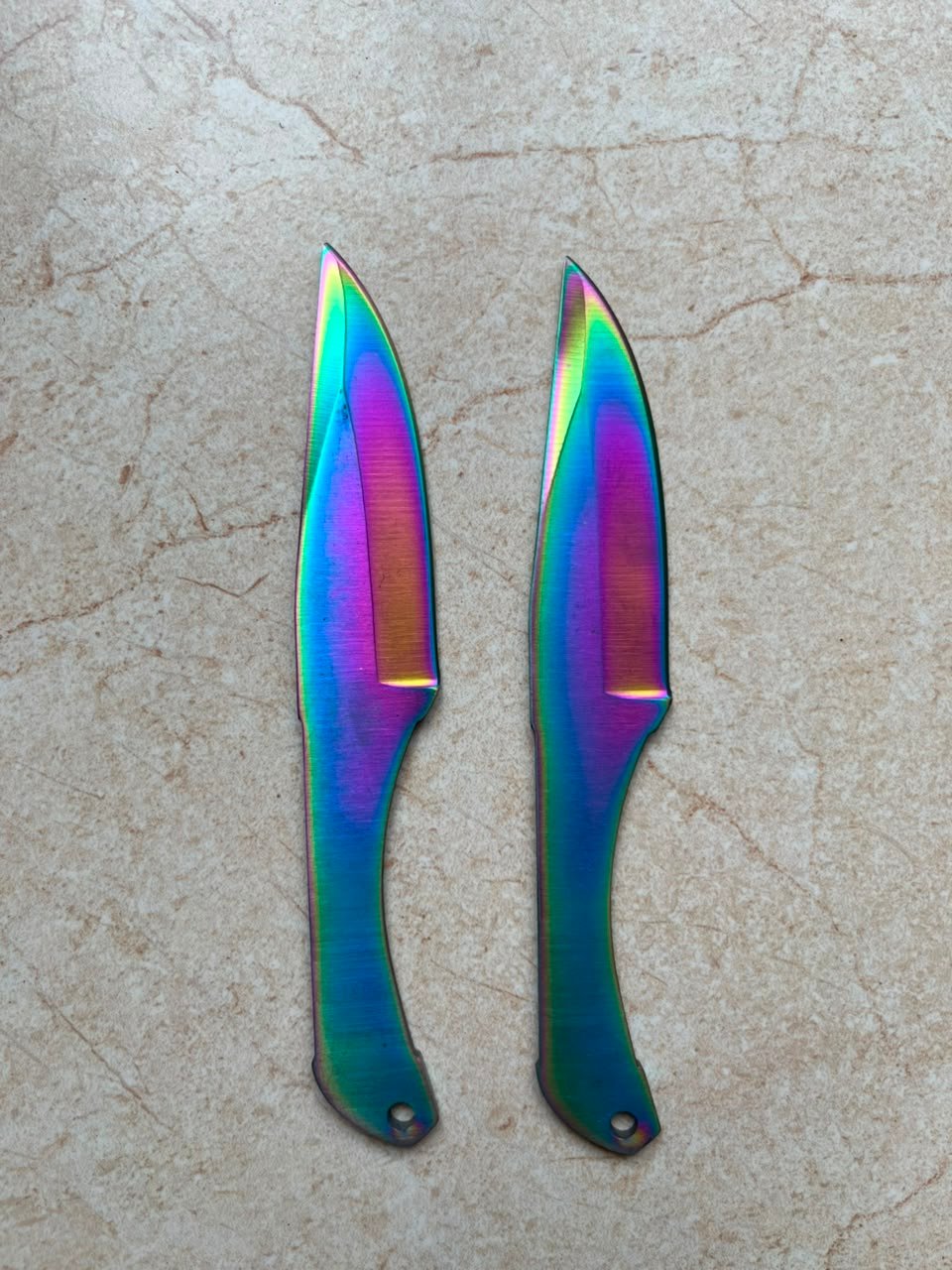 2-Piece 6.0" Rainbow Titanium Curved Throwing Knives – Stainless Steel Target Practice Daggers with Ergonomic Grip & Lanyard Hole