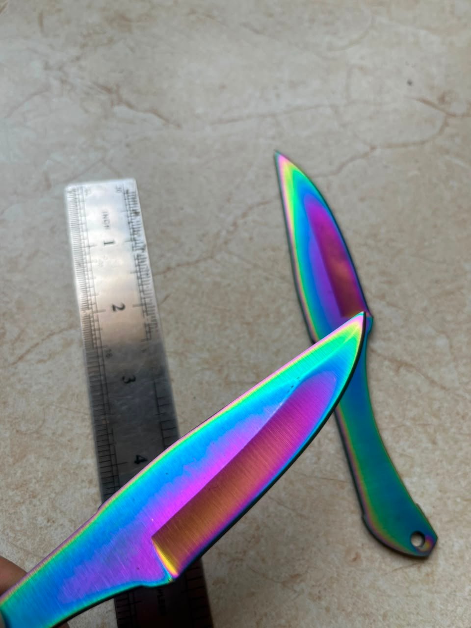 2-Piece 6.0" Rainbow Titanium Curved Throwing Knives – Stainless Steel Target Practice Daggers with Ergonomic Grip & Lanyard Hole - Image 3