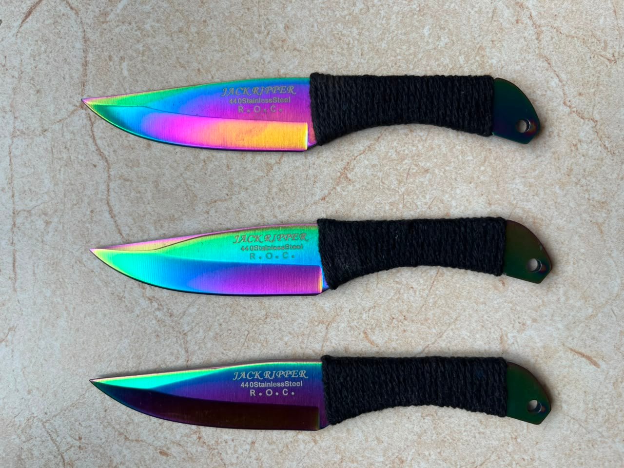 3-Piece 6.0" Rainbow Titanium Curved Throwing Knives – 440 Stainless Steel Target Daggers with Cord-Wrapped Grip & Lanyard Hole - Image 4