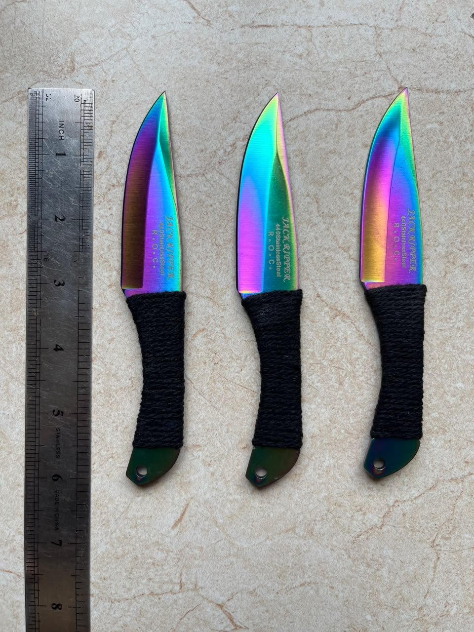 3-Piece 6.0" Rainbow Titanium Curved Throwing Knives – 440 Stainless Steel Target Daggers with Cord-Wrapped Grip & Lanyard Hole