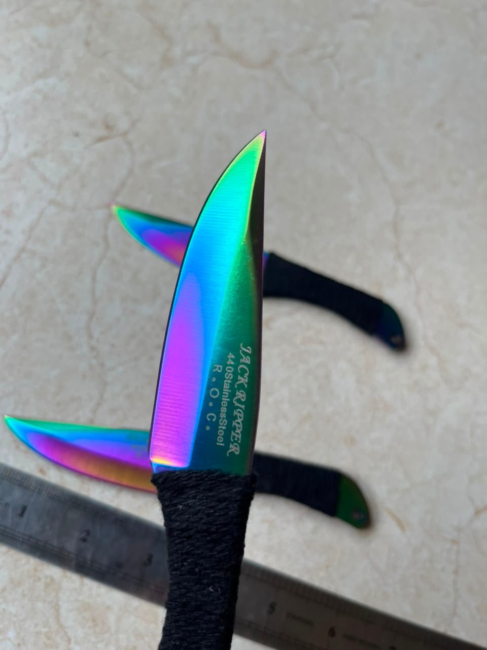 3-Piece 6.0" Rainbow Titanium Curved Throwing Knives – 440 Stainless Steel Target Daggers with Cord-Wrapped Grip & Lanyard Hole - Image 3