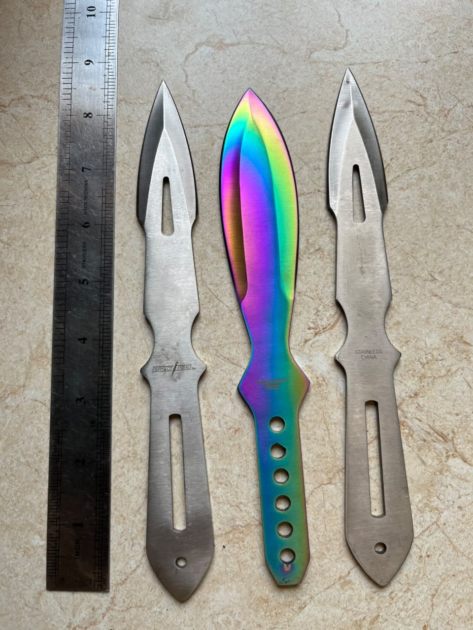 Perfect Point 3-Piece Tactical Throwing Knife Set (Silver & Rainbow Titanium)(ZT038) - Image 4