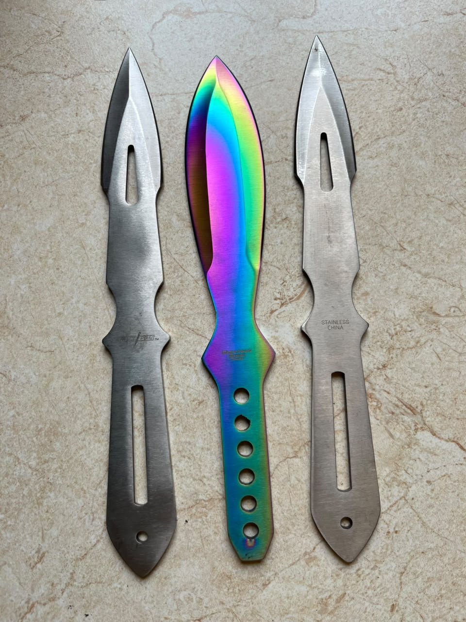 Perfect Point 3-Piece Tactical Throwing Knife Set (Silver & Rainbow Titanium)(ZT038)